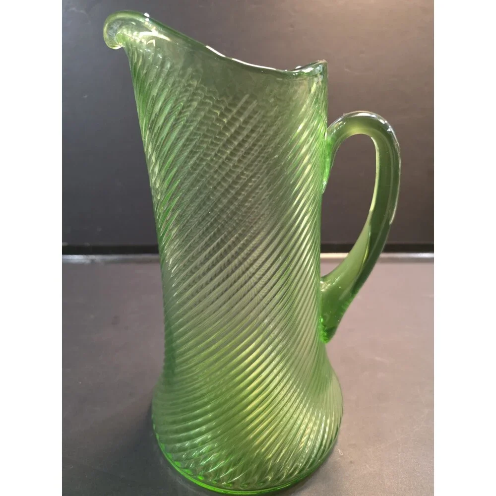 Antique Vintage Green Uranium Glass Pitcher – Diagonal Spiral Swirl Optic Ribbed